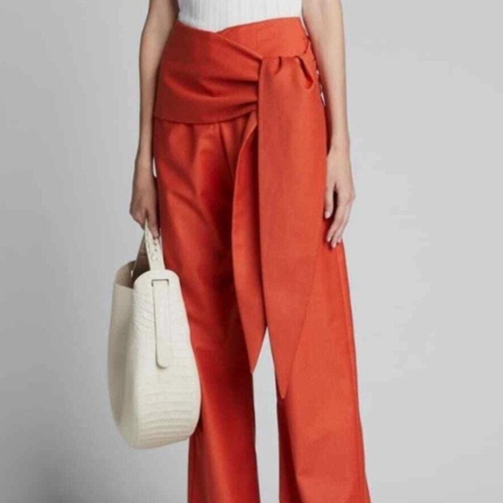 NWT MATERIEL Tie-waist Wide-leg Wool-blend Trousers in Orange/Red S $648